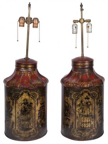 Appraisal: Pair of Chinoiserie Decorated Tole Tea Canister Lamps Each with