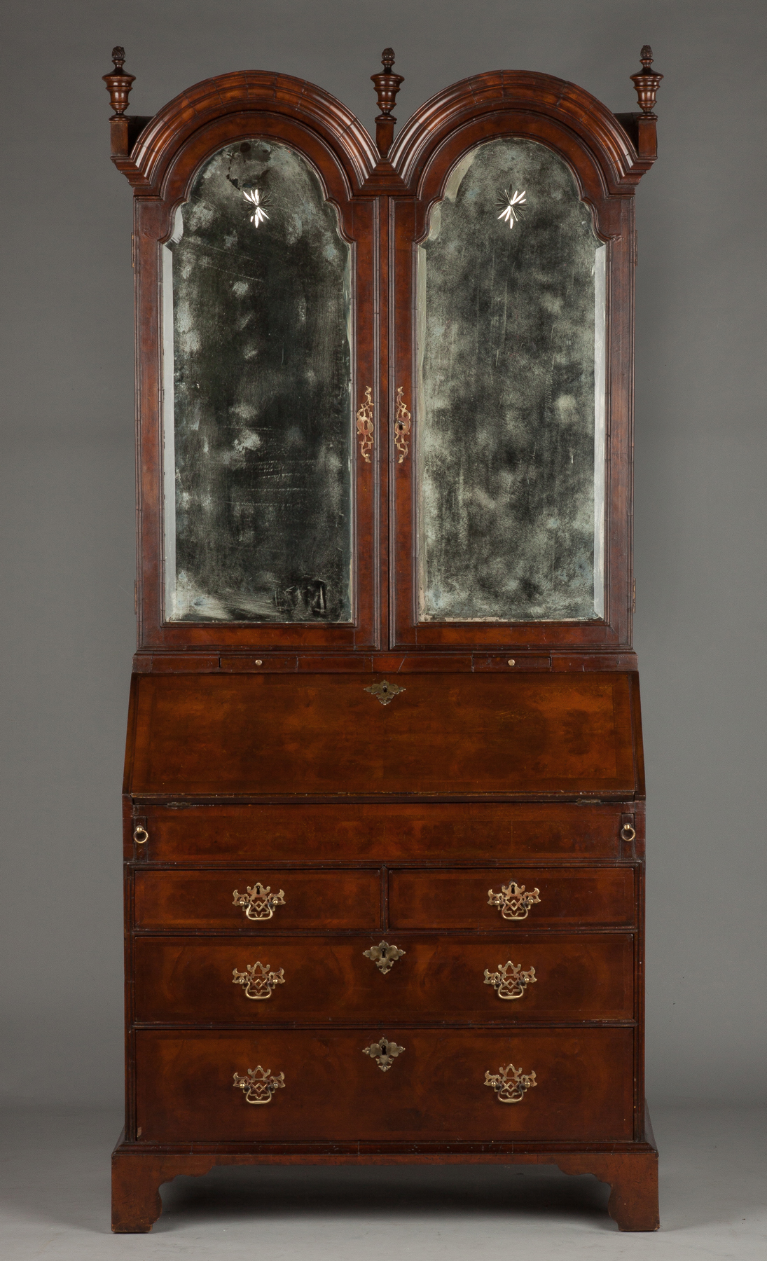 Appraisal: William Mary Burl Walnut Dome-Top Mirrored-Door Secretary C