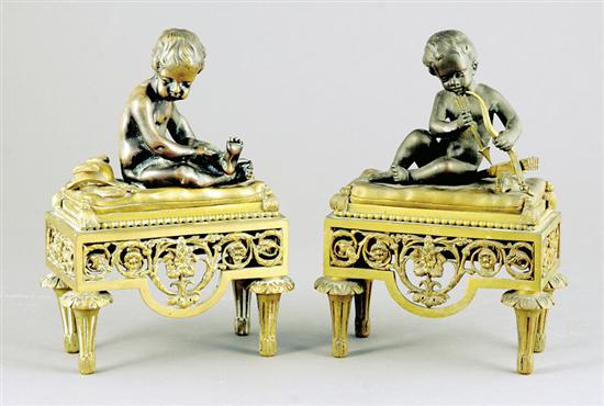 Appraisal: Pair Louis XVI style bronze chenets late th early th