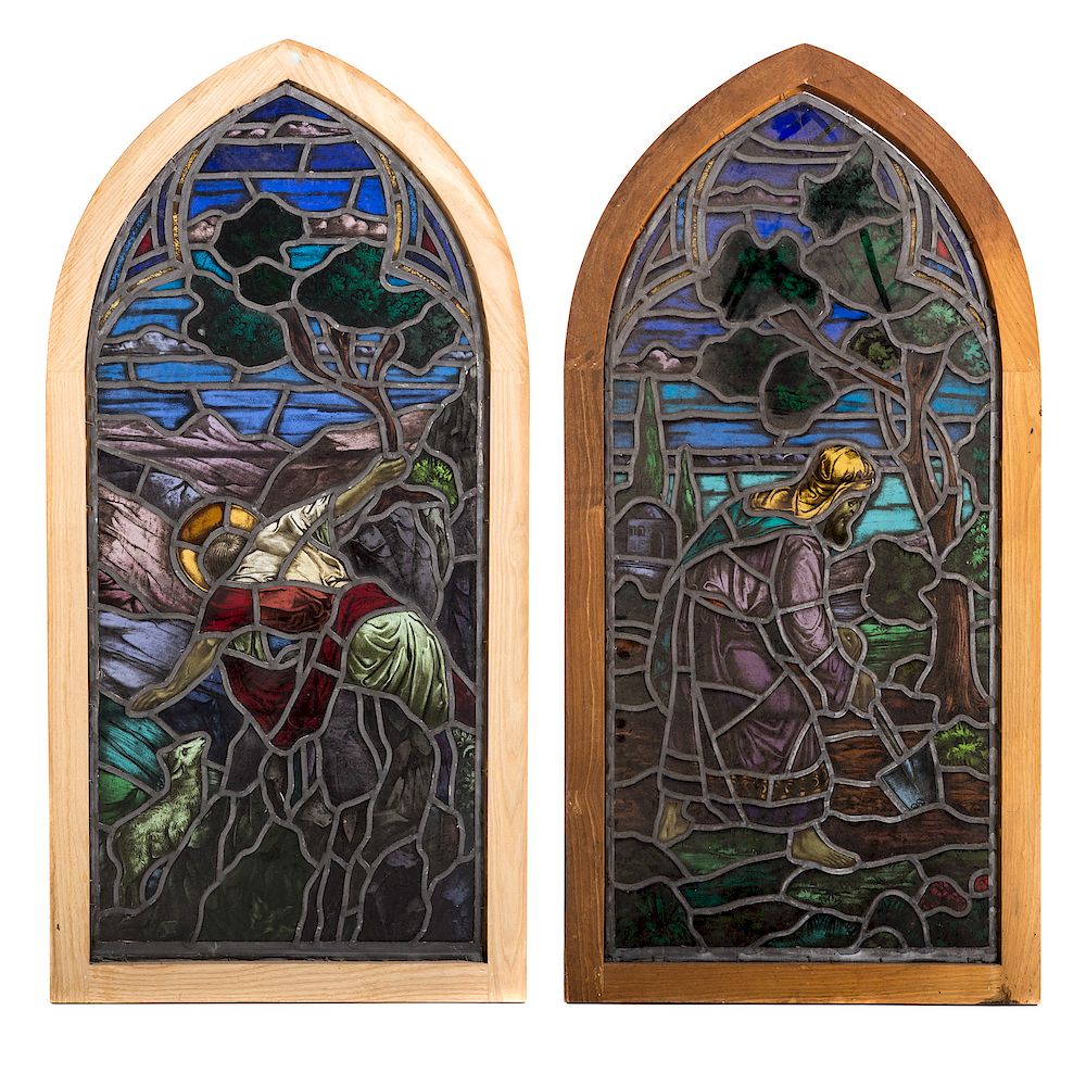 Appraisal: Two Cont Religious Themed Leaded Glass Windows Two Continental Religious