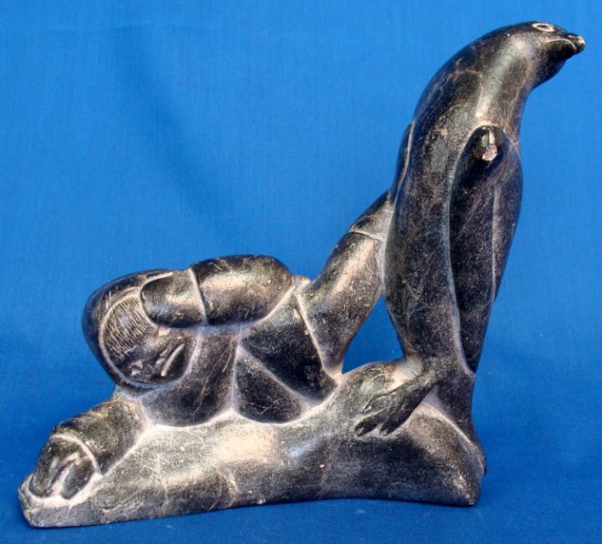 Appraisal: Lizzie Inuit th century BIRD FIGHTING MAN Soapstone base signed