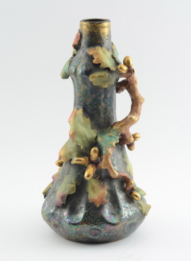 Appraisal: TURN TEPLITZ AMPHORA POTTERY VASE Iridescent glaze applied branches and