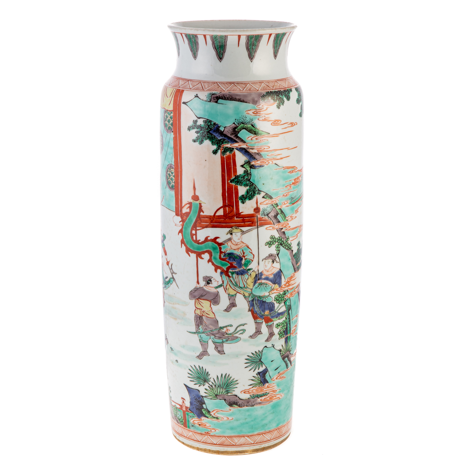 Appraisal: CHINESE FAMILLE VERTE CYLINDRICAL VASE Having meandering court scene decoration