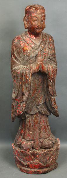 Appraisal: Very old Chinese wood standing Buddha in original paint h