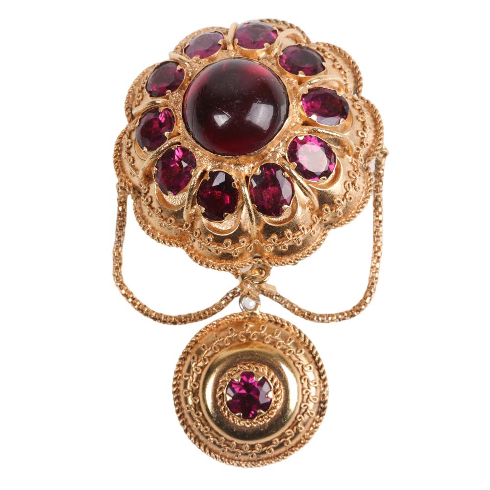 Appraisal: Antique domed scalloped gilt filigree brooch with ruby crystal cabochon