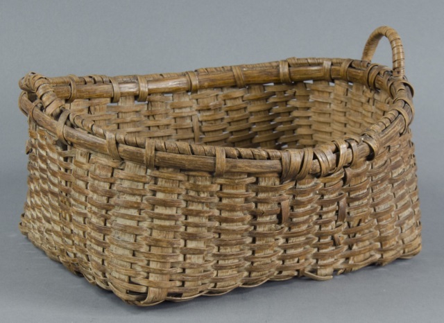 Appraisal: Rectangular Oak Splint Basket with Two HandlesBent wood wrapped handles