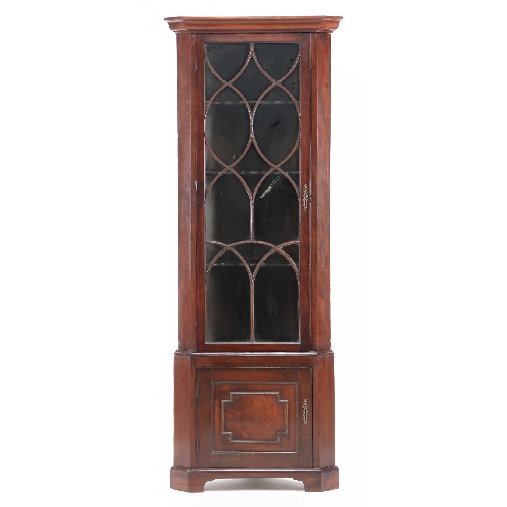 Appraisal: Georgian Diminutive Corner Cupboard th century mahogany veneer pine secondary