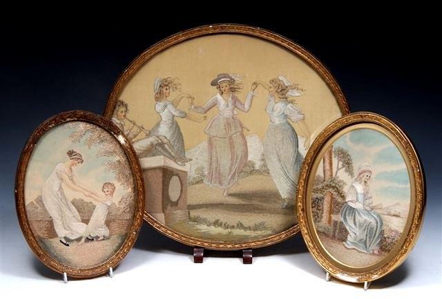 Appraisal: A GROUP OF THREE EARLY TH CENTURY OVAL NEEDLEWORK PICTURES