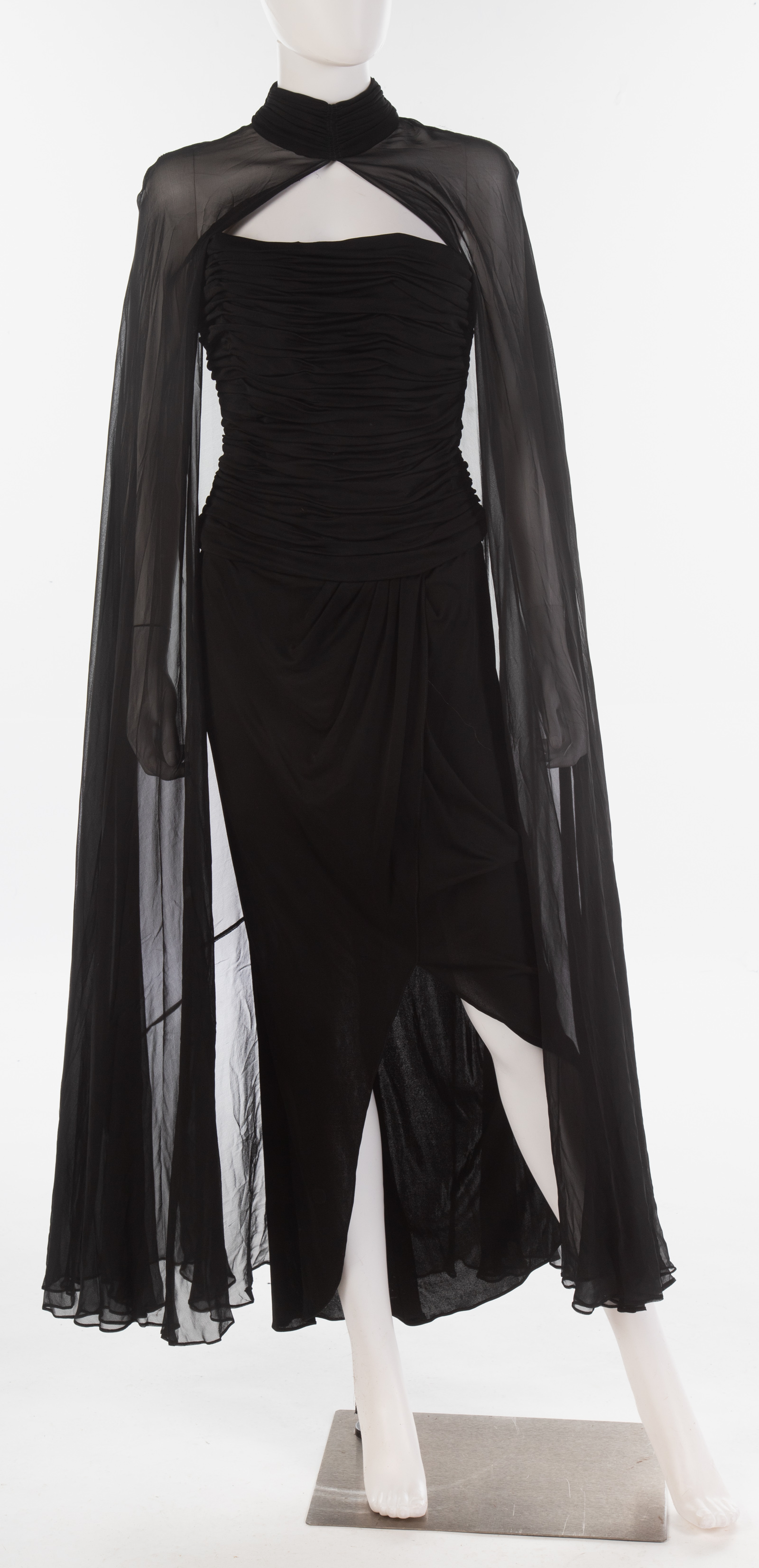 Appraisal: FERNANDO PENA BLACK STRAPLESS DRESS WITH CAPE Sheer cape size