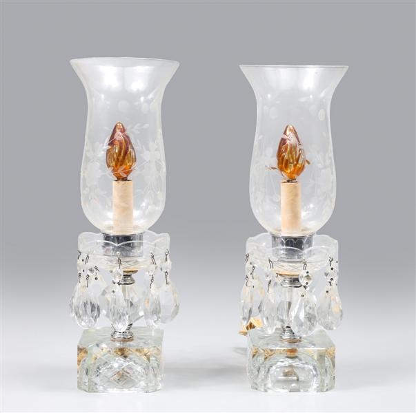 Appraisal: Pair vintage pressed glass table lamps with hurricane glass and