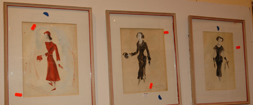 Appraisal: KENNETH ROWELL THREE COSTUME DESIGNS PENCIL AND GOUACHE