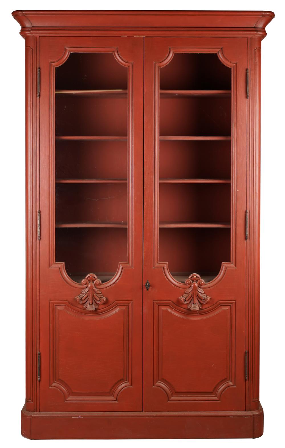 Appraisal: FRENCH PROVINCIAL-STYLE RED-PAINTED WOOD BIBLIOTHEQUEProvenance The Jim Belushi Collection a