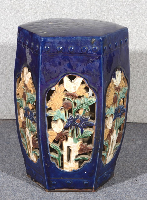 Appraisal: A CHINESE COBALT BLUE HEXAGONAL GARDEN SEAT with open panels