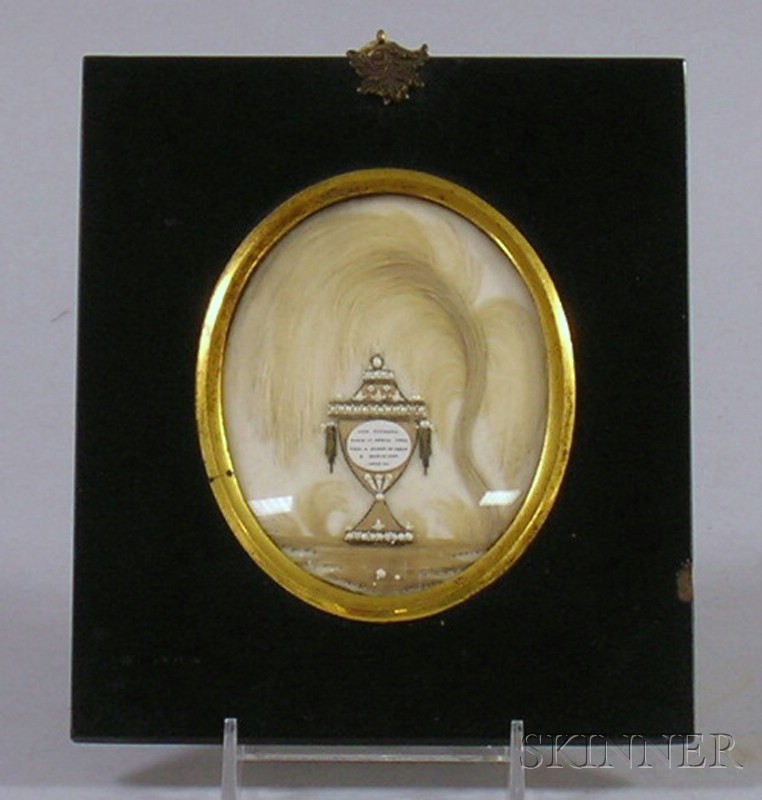 Appraisal: Miniature Hairwork on Ivory Mourning Picture accented with glass beads