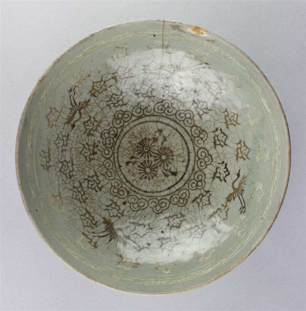 Appraisal: KOREAN INLAID CELADON CONICAL BOWL KORYO DYNASTY the rounded side