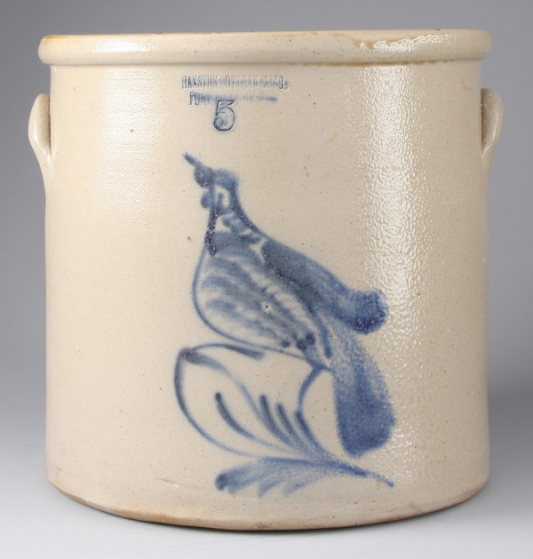 Appraisal: Five gallon crock features cobalt blue bird design impressed Haxstun