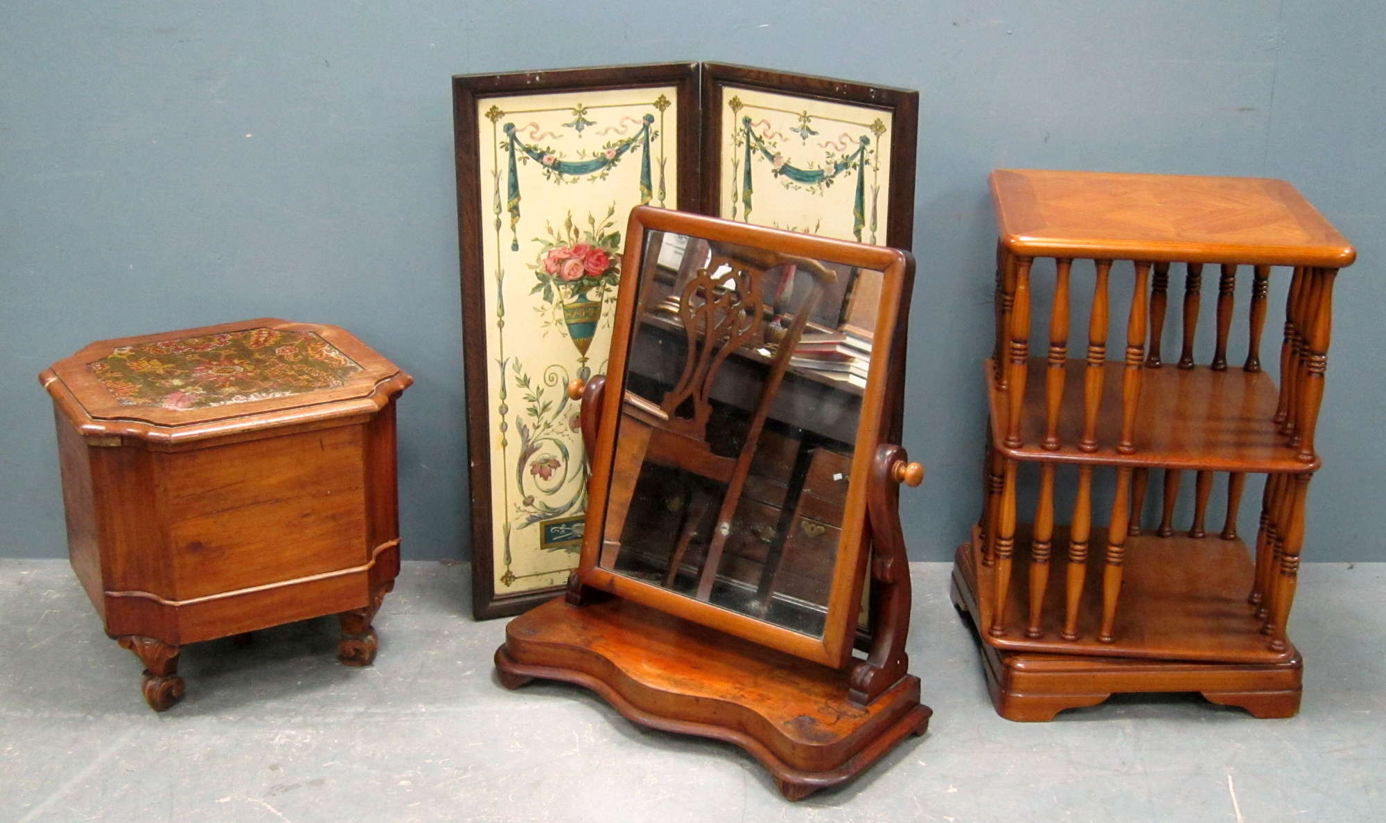 Appraisal: Mahogany bedroom swing mirror commode two fold screen and a