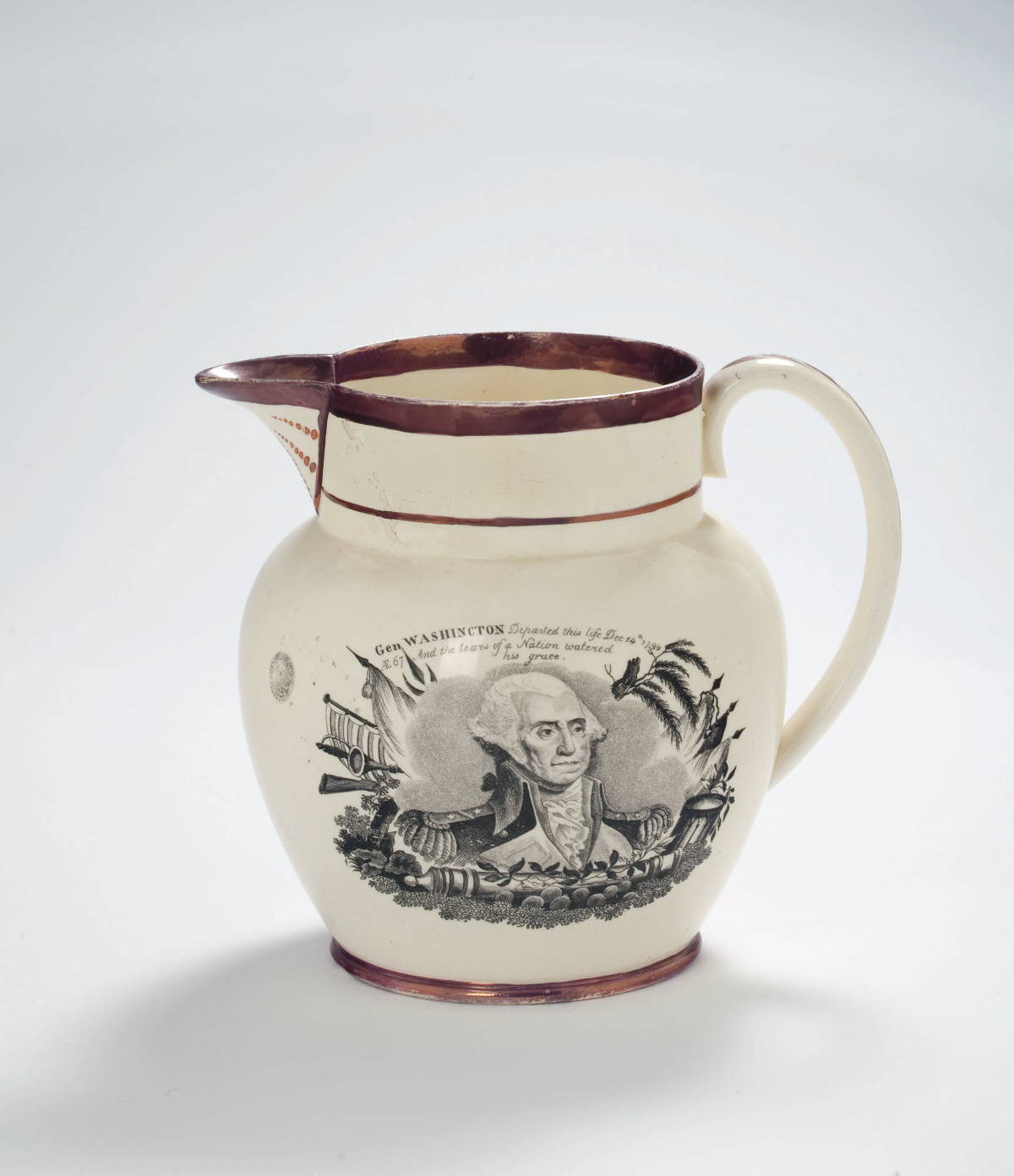 Appraisal: ENGLISH CREAMWARE PINK LUSTRE AND BLACK TRANSFER-PRINTED JUG CIRCA Printed