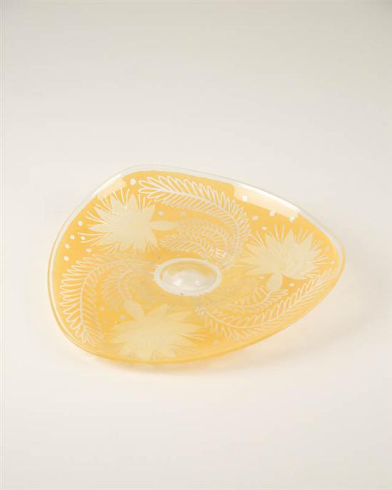 Appraisal: Waylande Gregory Irregular Glass Dish yellow and green flora design