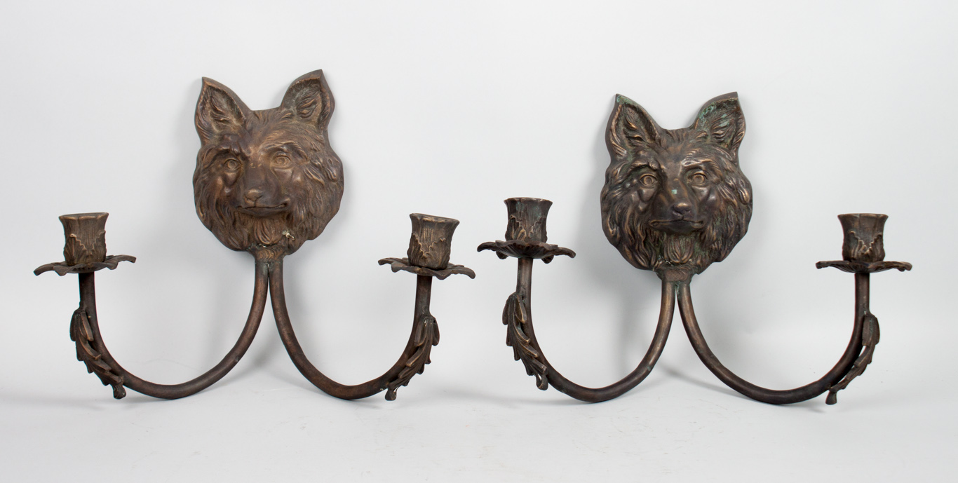 Appraisal: Pair of Victorian style bronze two-light sconces modeled as fox