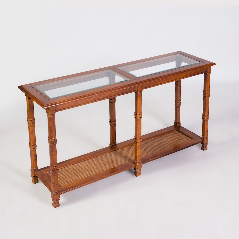 Appraisal: Modern Stained Wood Glass and Reeded Two-Tier Side Table x