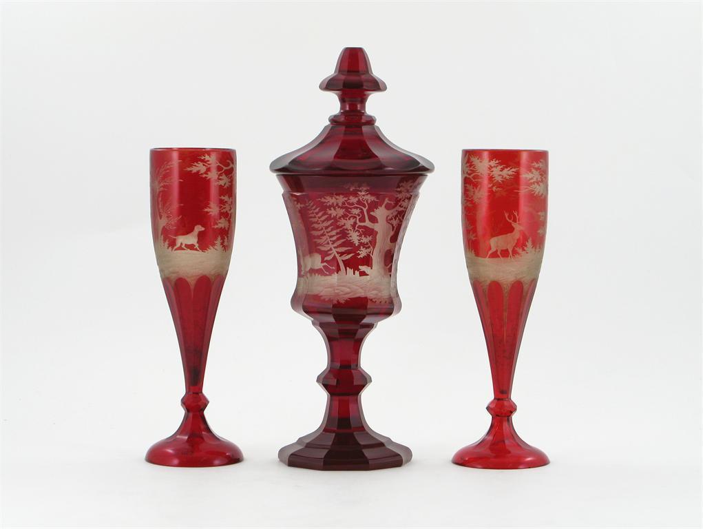 Appraisal: A tall Bohemian ruby-flashed goblet and cover