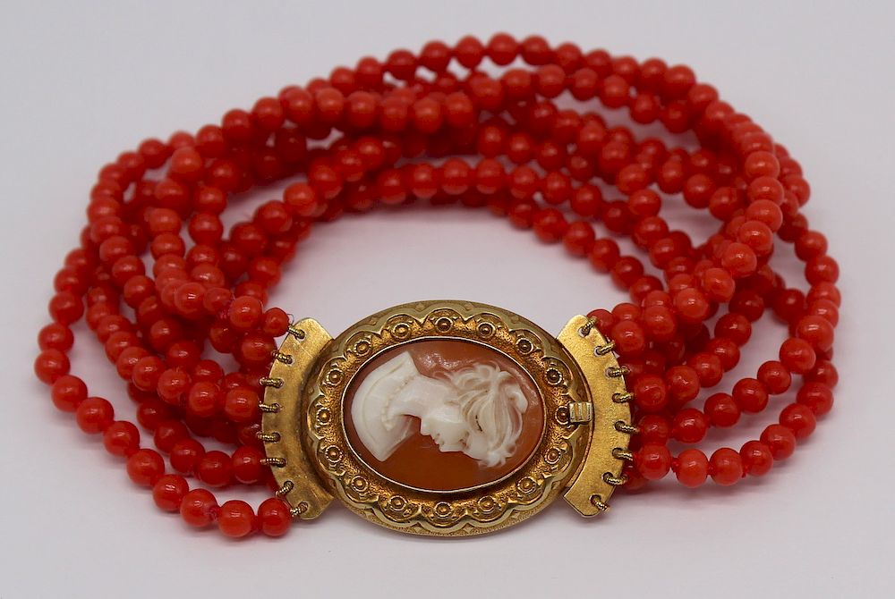 Appraisal: JEWELRY kt Gold Coral and Cameo Bracelet Multi-strand red coral