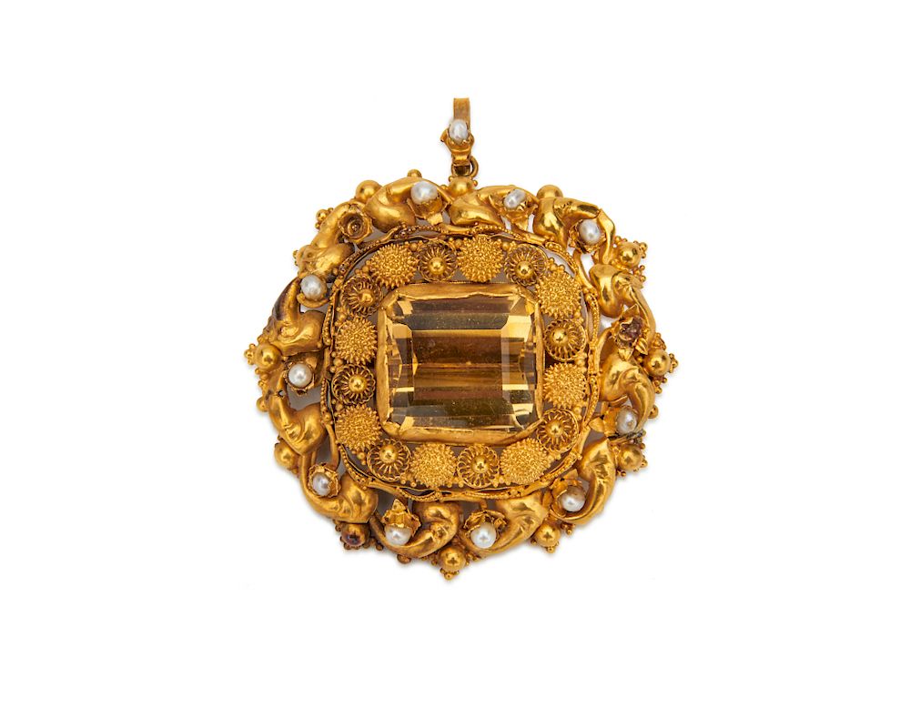 Appraisal: K Gold Citrine and Pearl Pendant Brooch K Gold Citrine