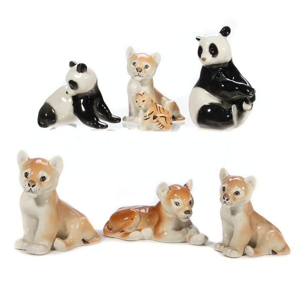 Appraisal: Russian Lomonosov Porcelain Grouping Lion cubs and Pandas Stamp on