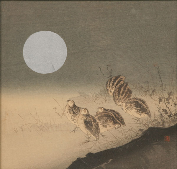 Appraisal: Japanese watercolor depicting several quail chicks under silver metallic moon