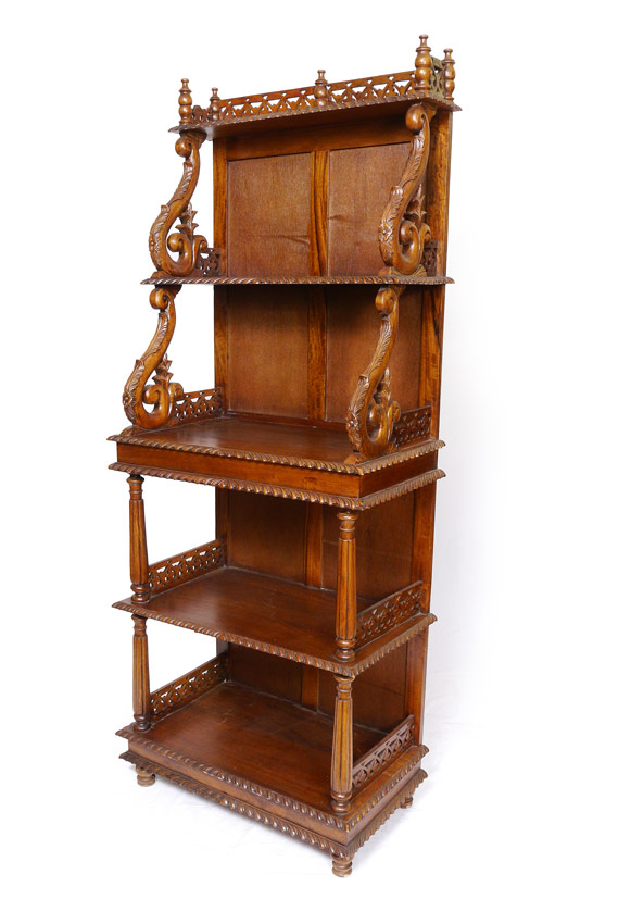 Appraisal: AESTHETIC MOVEMENT CARVED MAHOGANY OPEN DISPLAY CABINET Carved and pierced