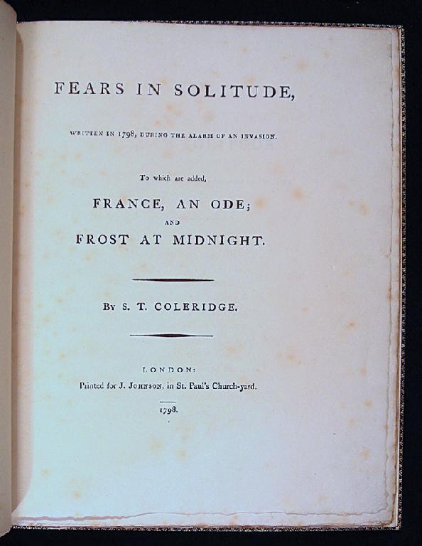 Appraisal: Coleridge S T Fears in Solitude written in during the