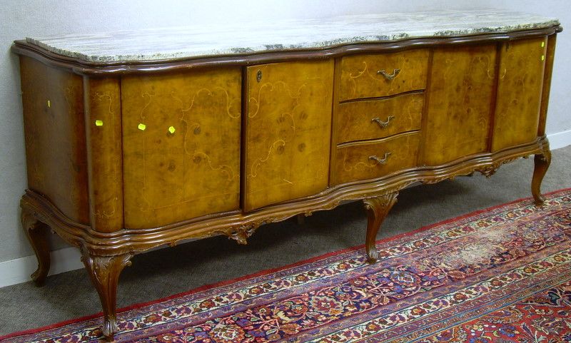 Appraisal: Continental Baroque-style Marble-top Burl Veneer Serpentine Console Cabinet ht lg