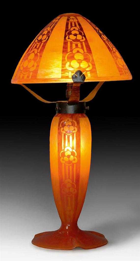 Appraisal: SCHNEIDER ROSACES LAMP circa Acid-etched orange glass with orange overlay