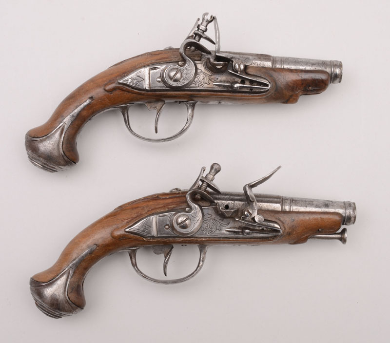 Appraisal: PAIR OF BOXED FRENCH FLINTLOCK PISTOLS Pair of iron-mounted French