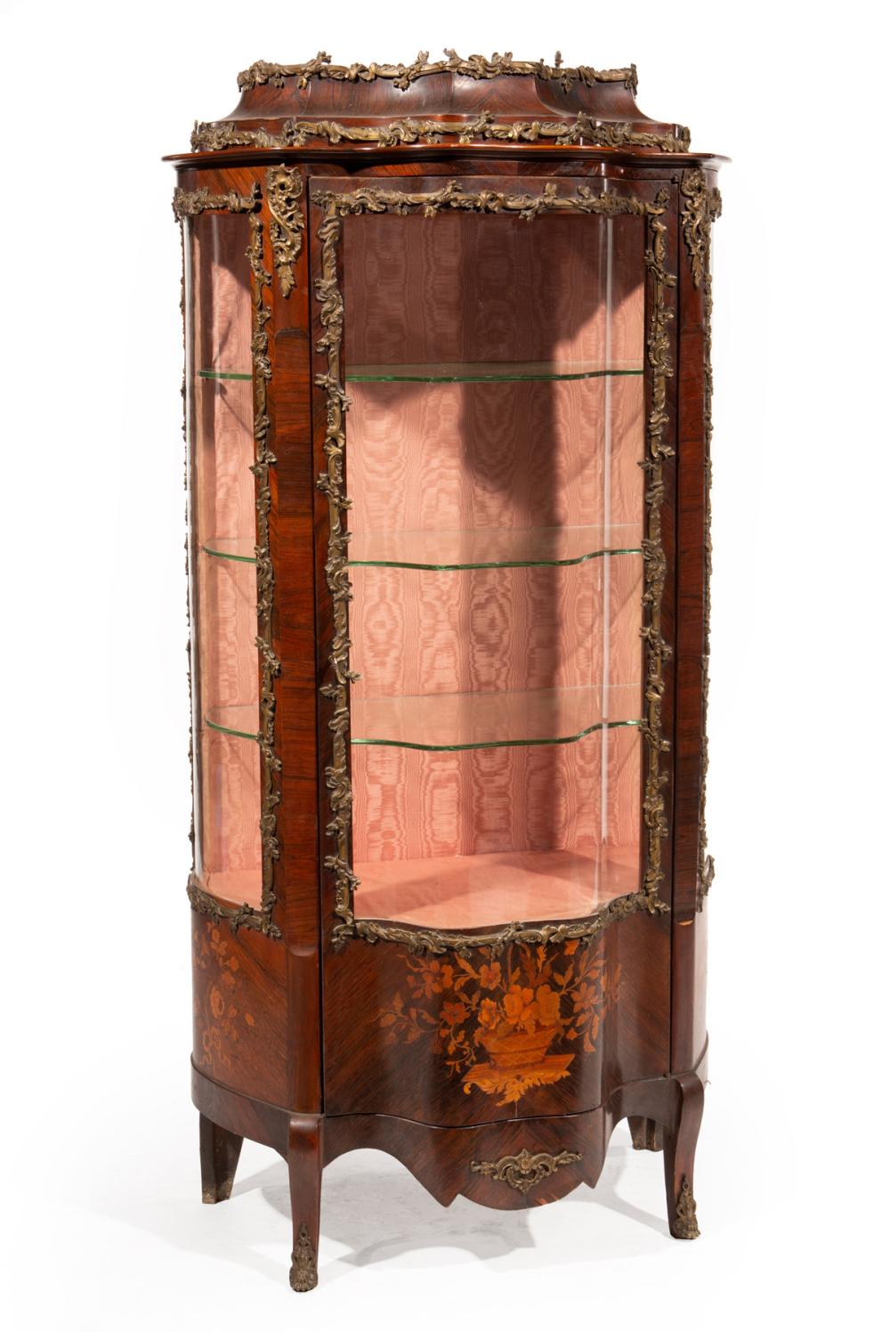 Appraisal: LOUIS XV-STYLE MARQUETRY KINGWOOD VITRINE CABINETAntique Louis XV-Style Bronze-Mounted Marquetry