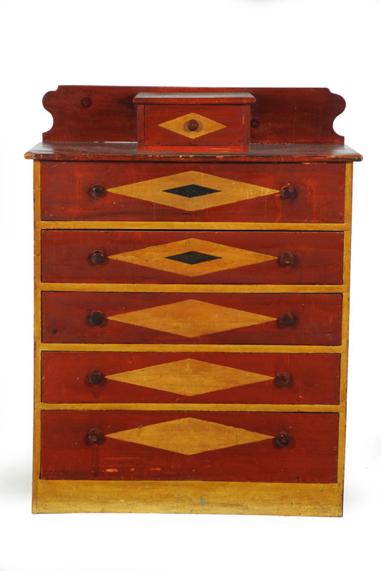 Appraisal: DECORATED CHEST OF DRAWERS American early th century pine Found