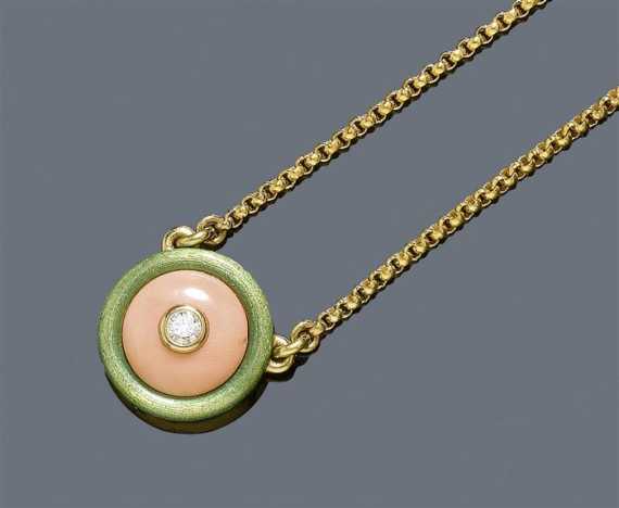 Appraisal: CORAL ENAMEL AND DIAMOND NECKLACE P CLARD Yellow gold Decorative