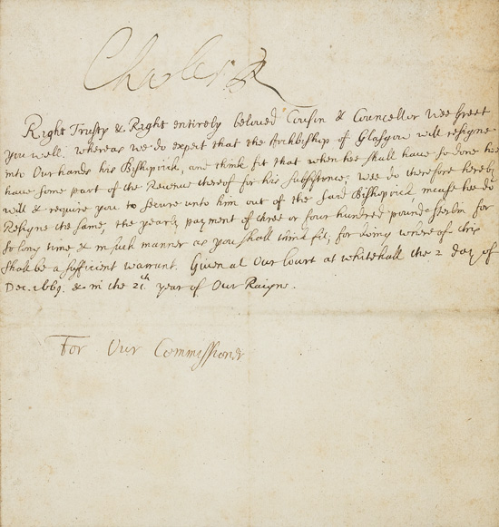 Appraisal: CHARLES II KING OF ENGLAND Letter Signed Charles R to