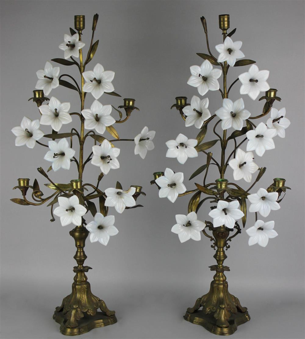 Appraisal: PAIR OF NAPOLEON III BRONZE AND WHITE OPALINE GLASS FOLIATE