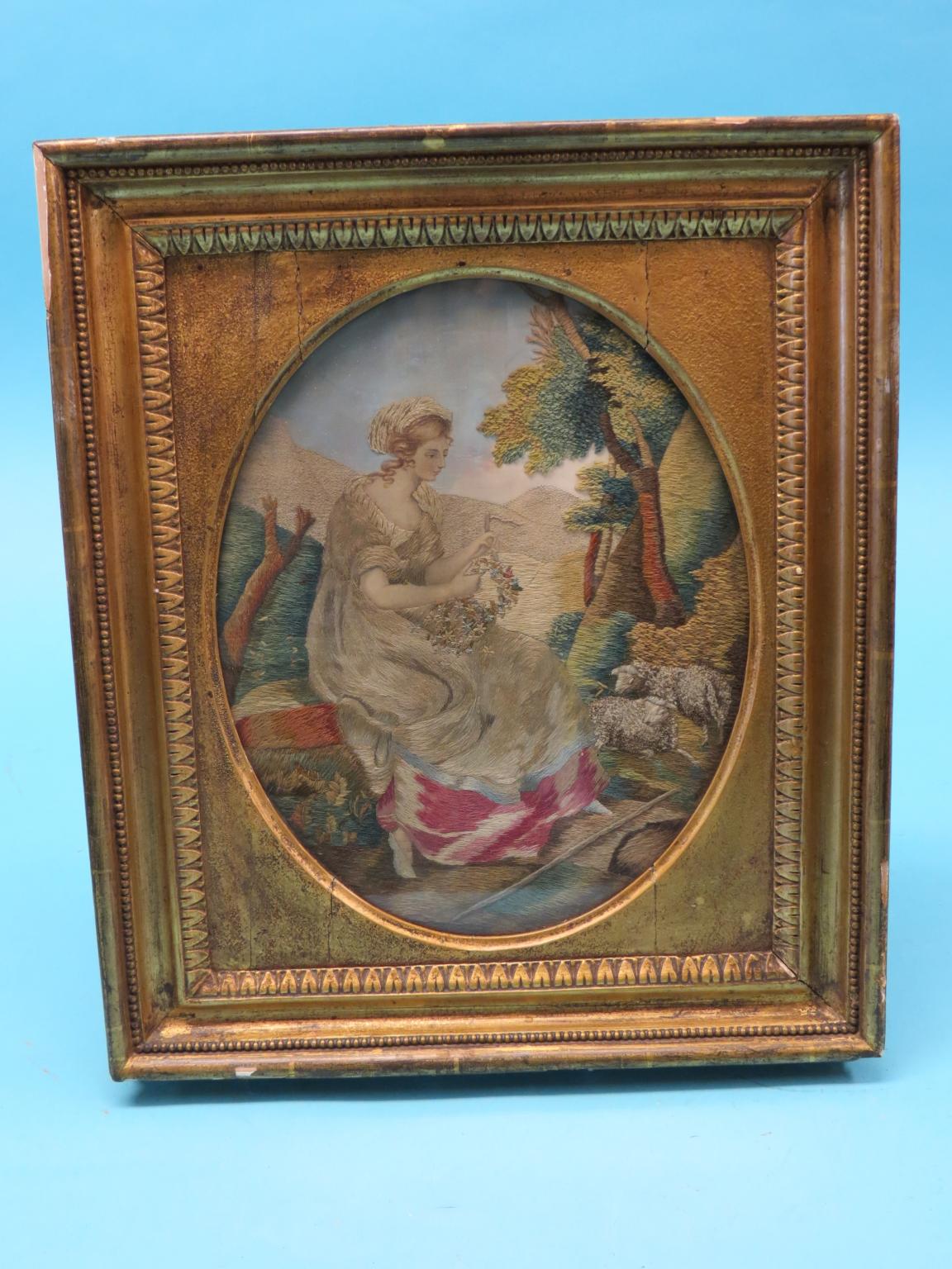 Appraisal: A Georgian needlework picture pastoral scene with seated shepherdess in