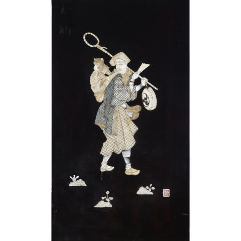 Appraisal: Pair of Bone and Mother-of-Pearl Inlay Panels of Entertainers Japan