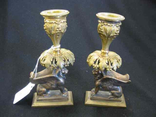 Appraisal: Victorian Figural Brass Candlesticks gryphon decor '' excelle nt