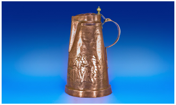 Appraisal: th Century Continental Large Copper Ale Flagon With Embossed Figures