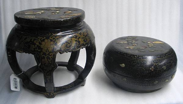 Appraisal: Two black and gilt lacquered decorations Including a circular covered