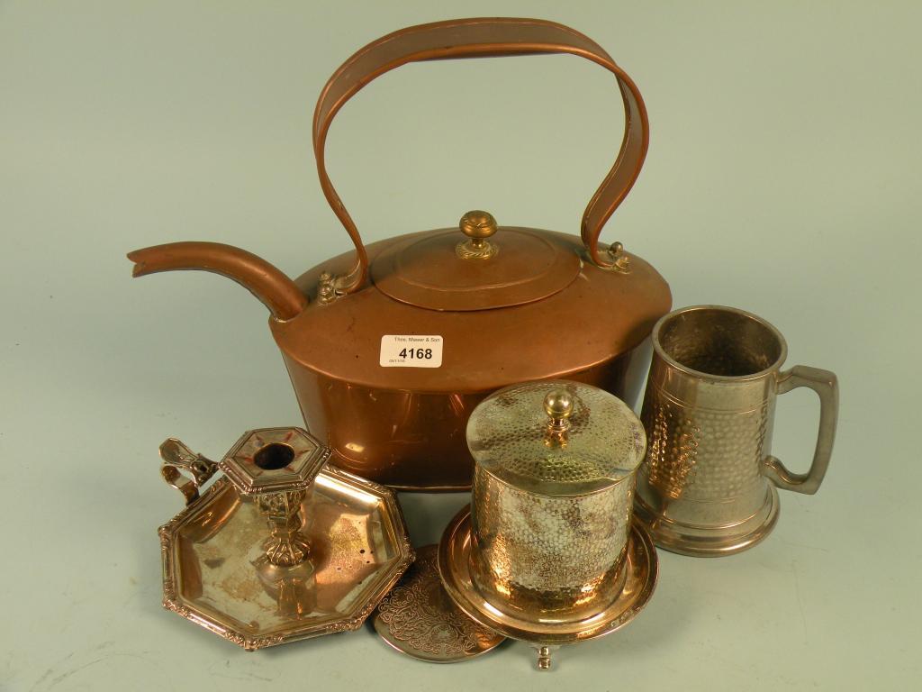 Appraisal: An oval copper kettle a silver plated chamber stick a