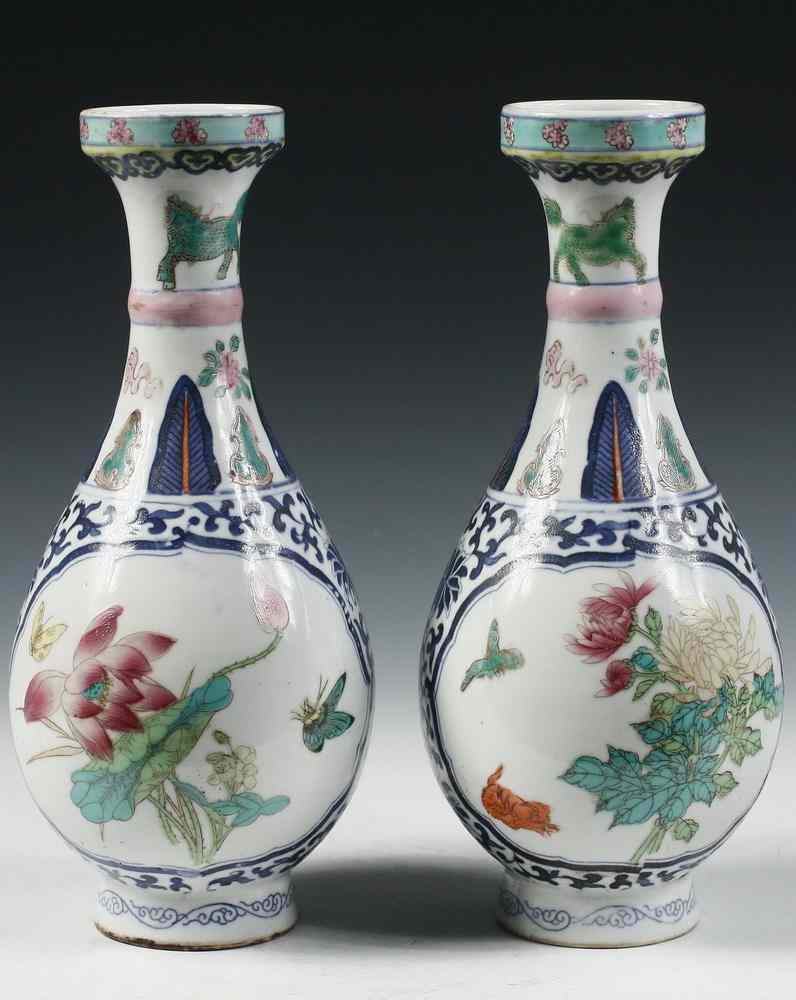 Appraisal: PAIR CHINESE VASES - Pair Chinese Bottle Vases with Doucai