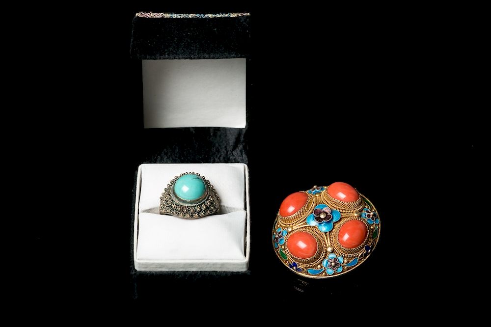 Appraisal: SET OF CORAL BROOCH AND TURQUOISE RING The set comprised