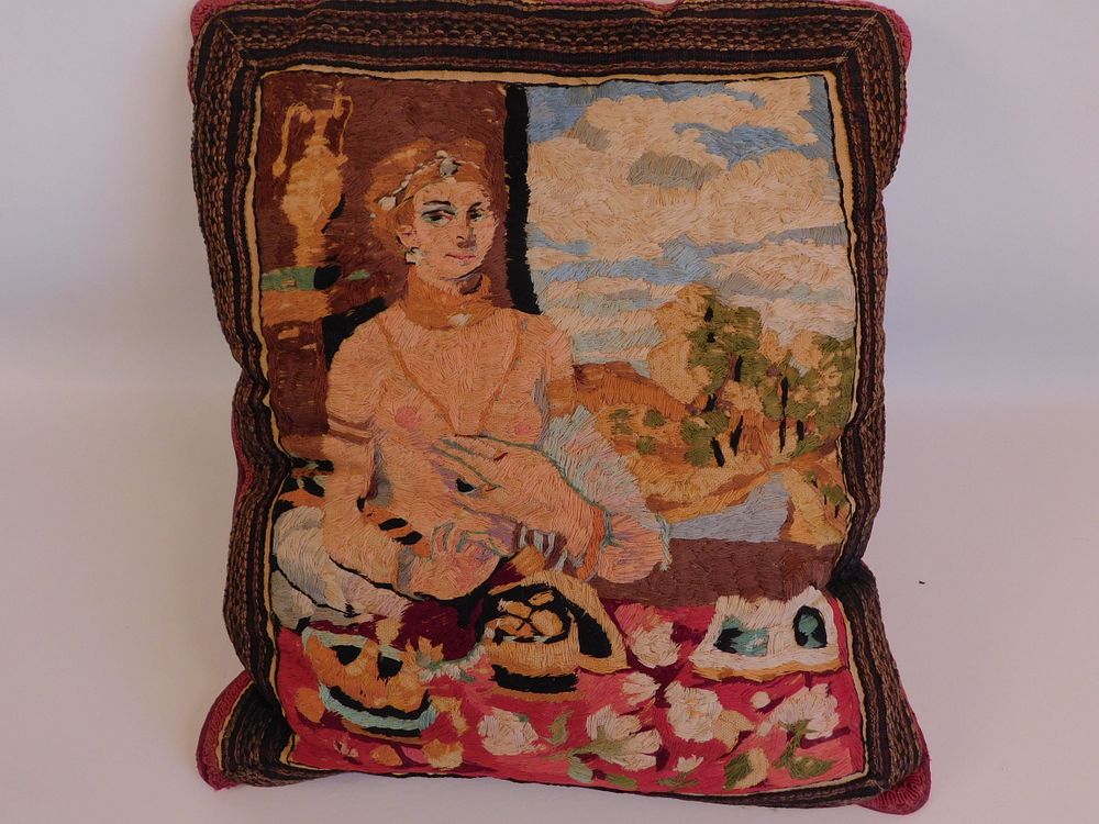 Appraisal: OLD CHENILLE PICTORIAL PILLOW Old hand crafted and embroidered chenille