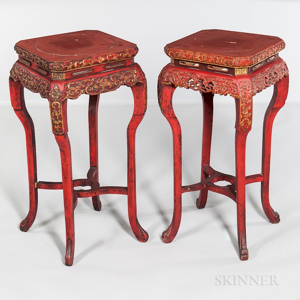 Appraisal: Near Pair of Red Lacquered Carved and Gilded Incense Stands